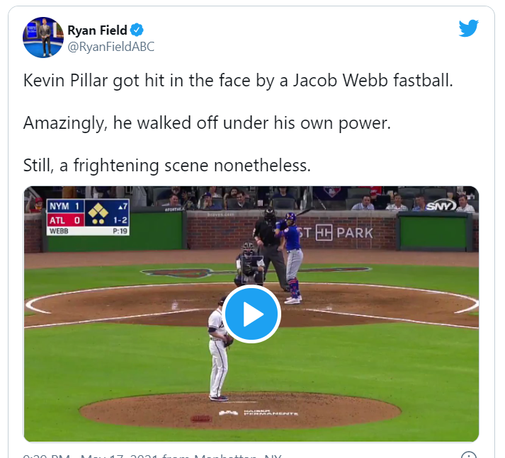 Kevin Pillar de los Mets de Nueva York recibió terrible pelotazo en la cara (Video)